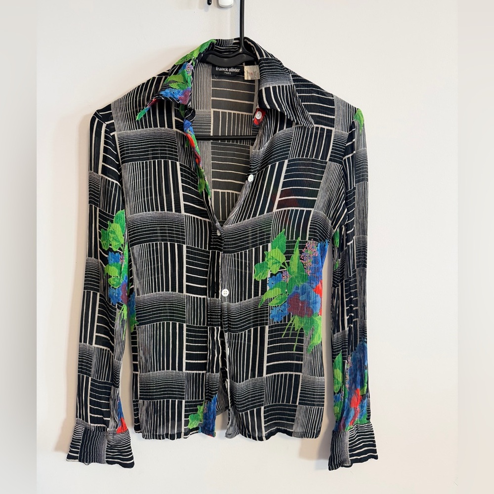 Franck Olivier black & white striped blouse with floral design